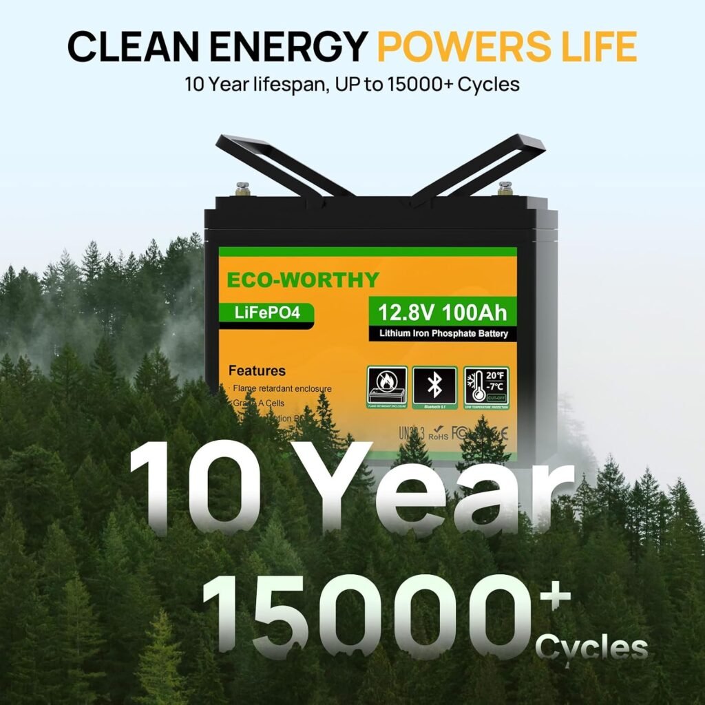 ECO-WORTHY 12V 100Ah LiFePO4 Battery with Bluetooth  Low-Temp Cut Off | 1280Wh,100A BMS,Bluetooth ,low-temp cutoff,flame-retardant,for motorhomes,campervans,narrowboats,off-grid power