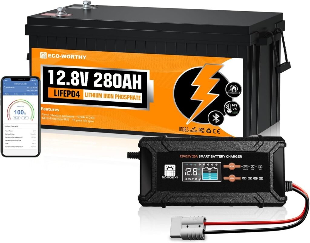 ECO-WORTHY 12V 280AH LiFePO4 Battery with 12V/24V 20A Smart Charger | 200A BMS, Bluetooth 5.1, low-temp cutoff (-7&deg;C). 20A fast charge, BMS activation. For motorhomes, marine, solar